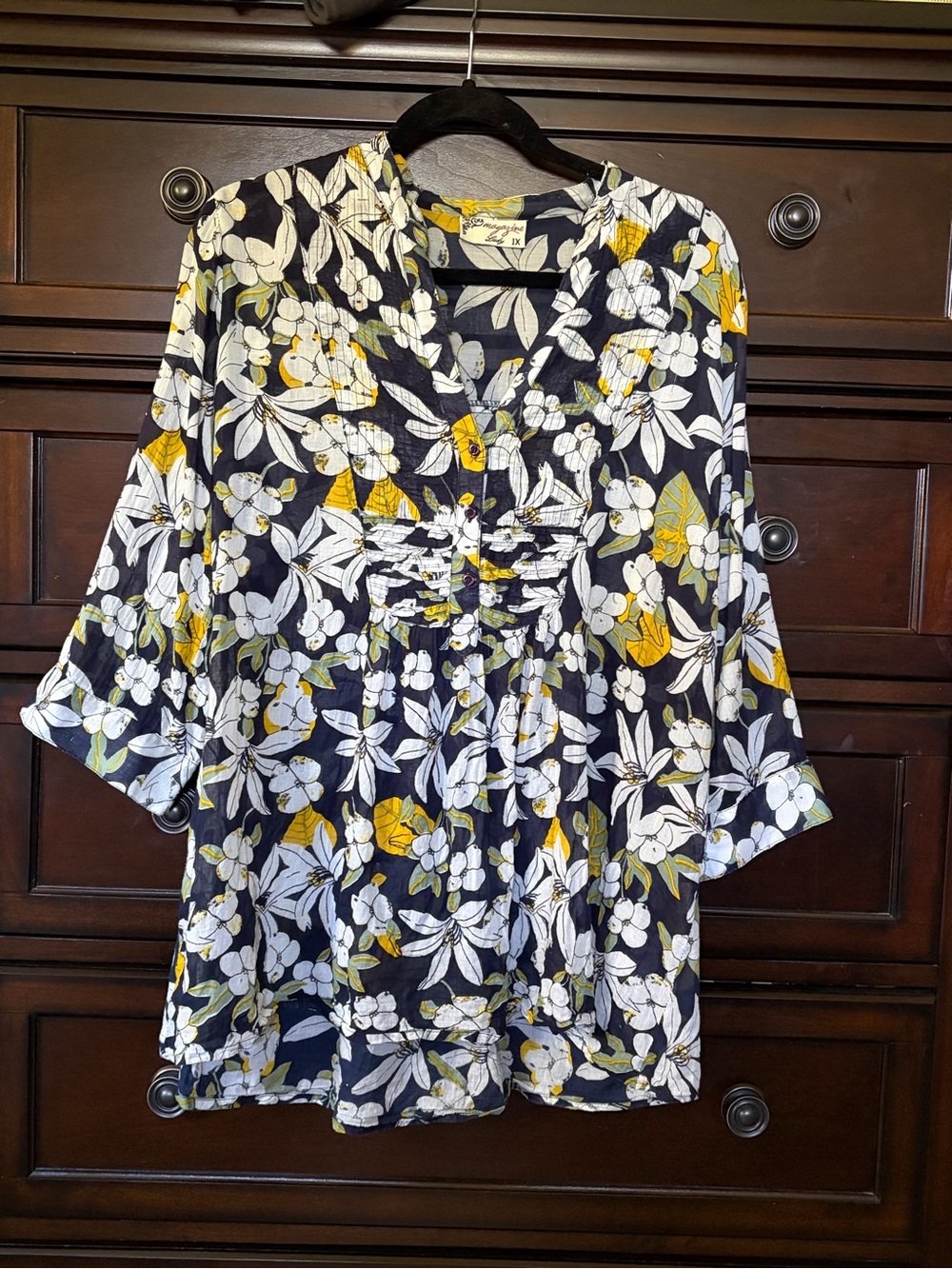 Women's Navy Floral Ruched Front Blouse - White & Yellow